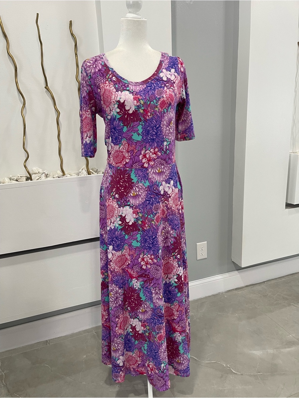 LuLaRoe Purple Floral Scoop Neck Maxi Dress with Teal Accents